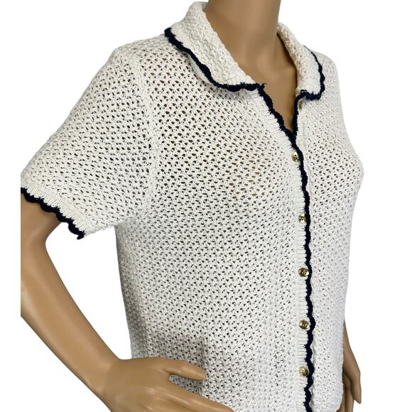 J. Crew Short Sleeve Crochet Cardigan Sweater Ivory Navy CJ215 Size M - Picture 10 of 13